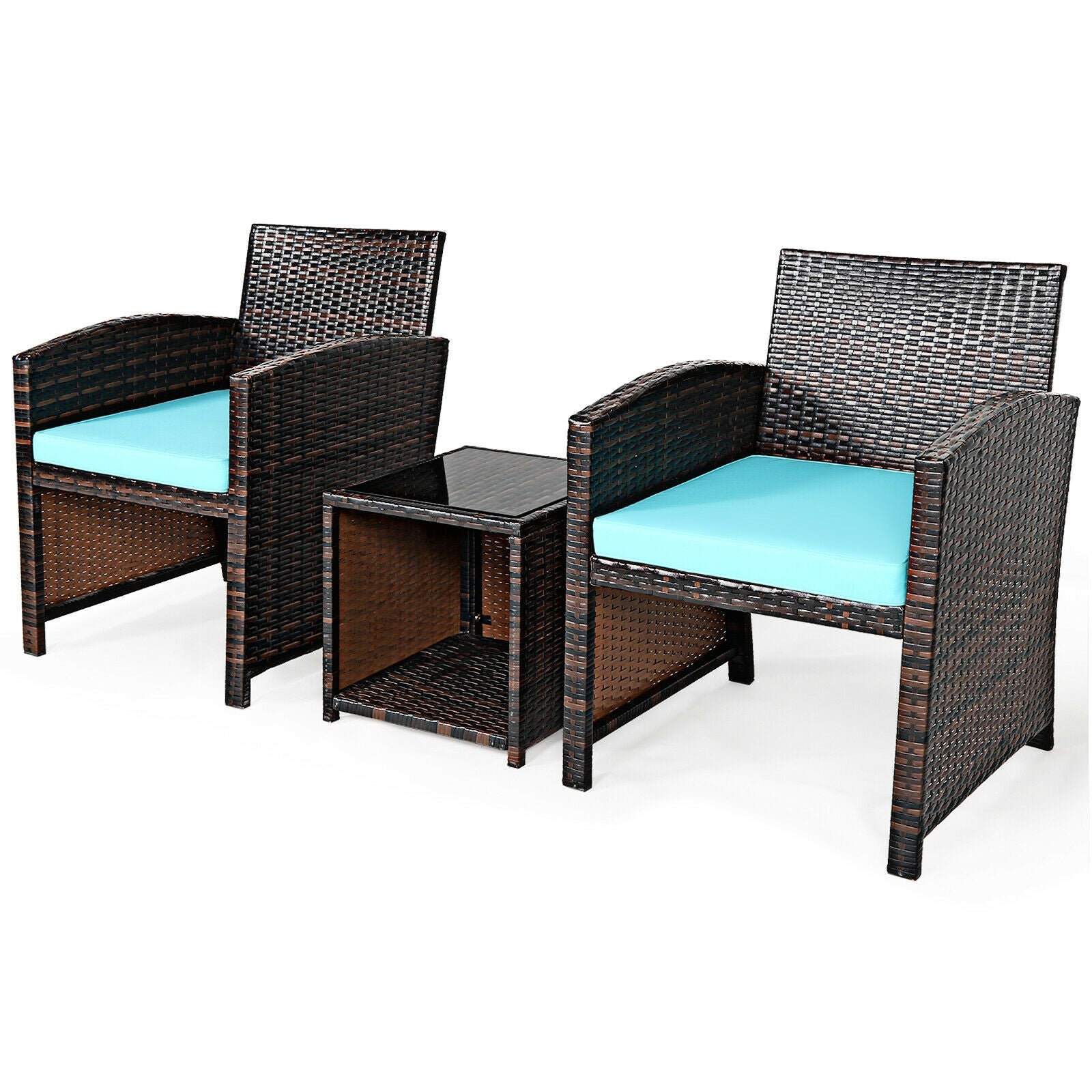 3 Pieces PE Rattan Wicker Furniture Set with Cushion Sofa Coffee Table for Garden, Turquoise Patio Conversation Sets at Gallery Canada