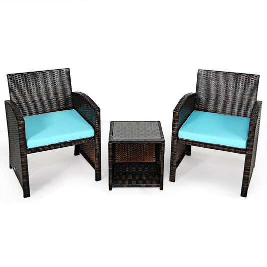 3 Pieces PE Rattan Wicker Furniture Set with Cushion Sofa Coffee Table for Garden, Turquoise - Gallery Canada