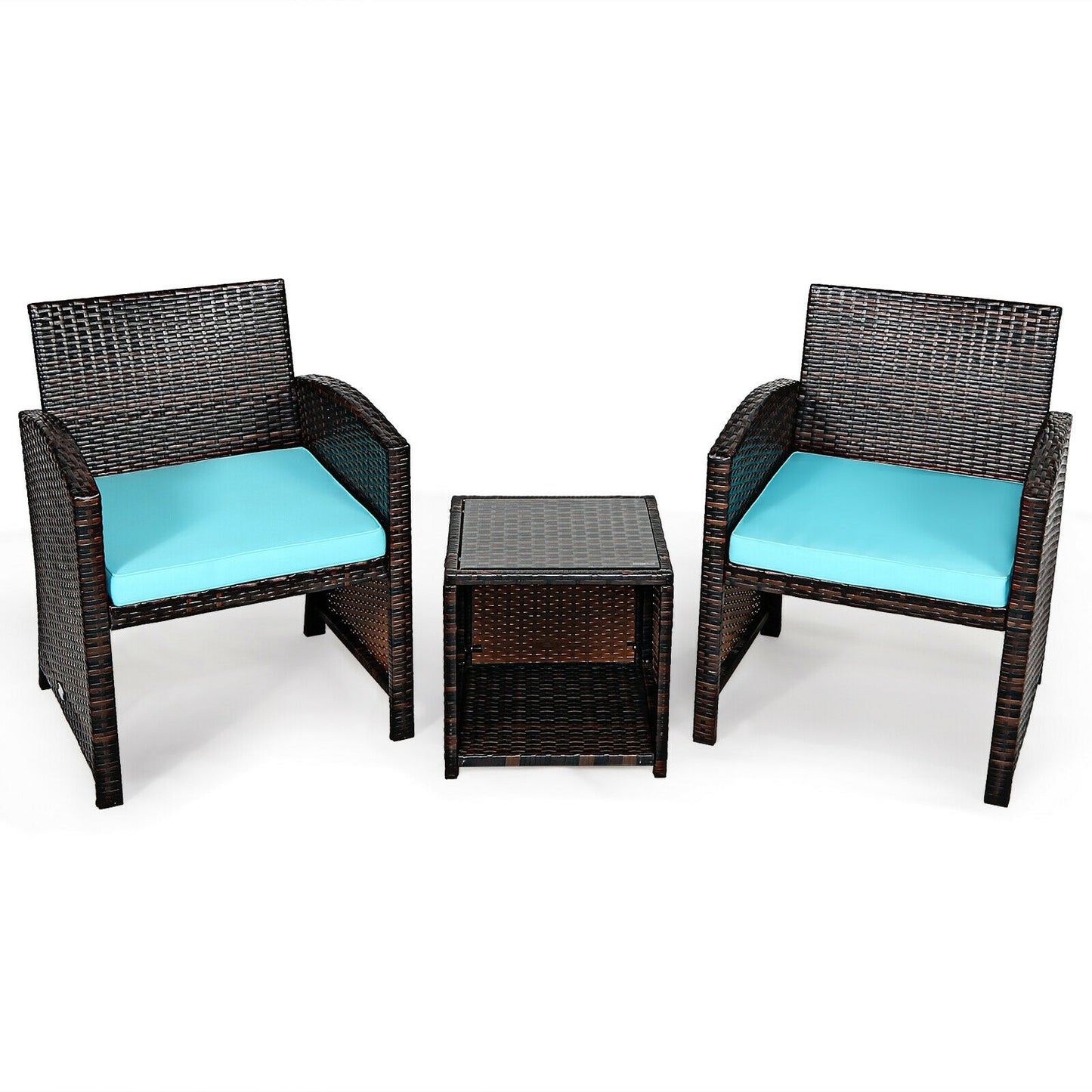 3 Pieces PE Rattan Wicker Furniture Set with Cushion Sofa Coffee Table for Garden, Turquoise Patio Conversation Sets Turquoise at Gallery Canada
