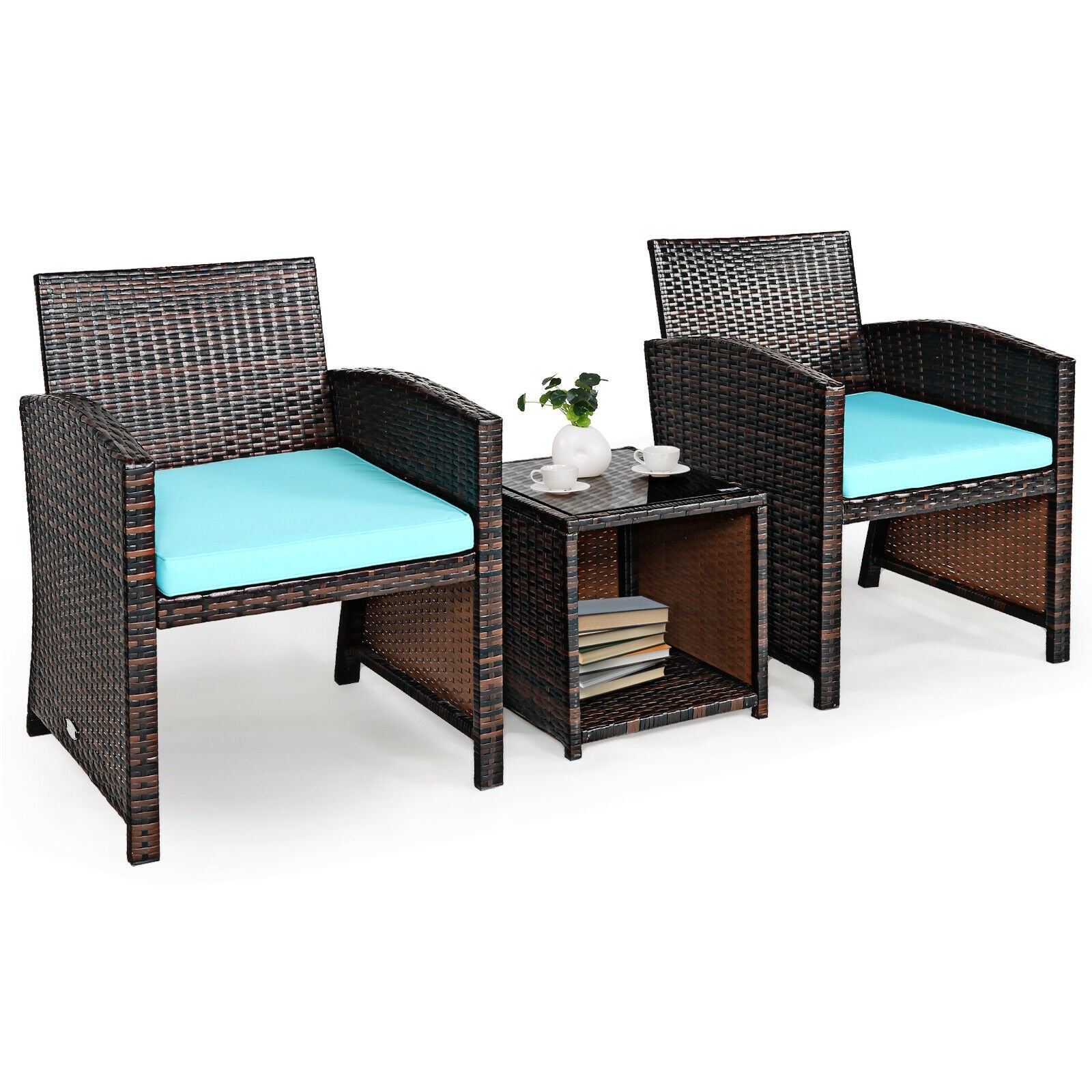 3 Pieces PE Rattan Wicker Furniture Set with Cushion Sofa Coffee Table for Garden, Turquoise Patio Conversation Sets at Gallery Canada