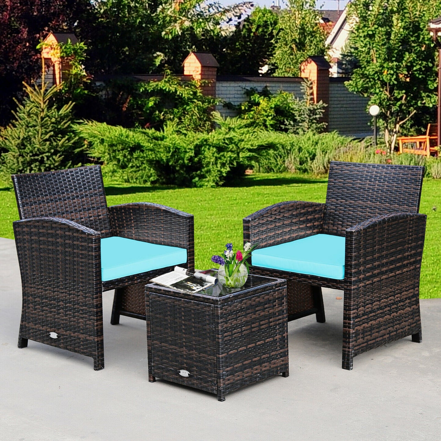 3 Pieces PE Rattan Wicker Furniture Set with Cushion Sofa Coffee Table for Garden, Turquoise Patio Conversation Sets at Gallery Canada