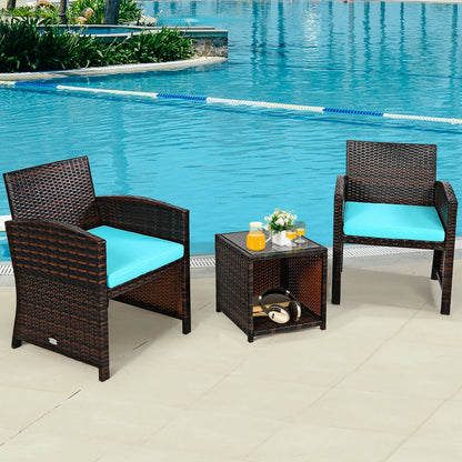 3 Pieces PE Rattan Wicker Furniture Set with Cushion Sofa Coffee Table for Garden, Turquoise Patio Conversation Sets at Gallery Canada