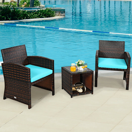 3 Pieces PE Rattan Wicker Furniture Set with Cushion Sofa Coffee Table for Garden, Turquoise Patio Conversation Sets Turquoise at Gallery Canada
