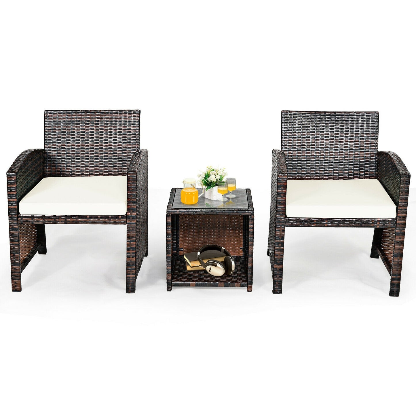 3 Pieces PE Rattan Wicker Furniture Set with Cushion Sofa Coffee Table for Garden, White Patio Conversation Sets at Gallery Canada