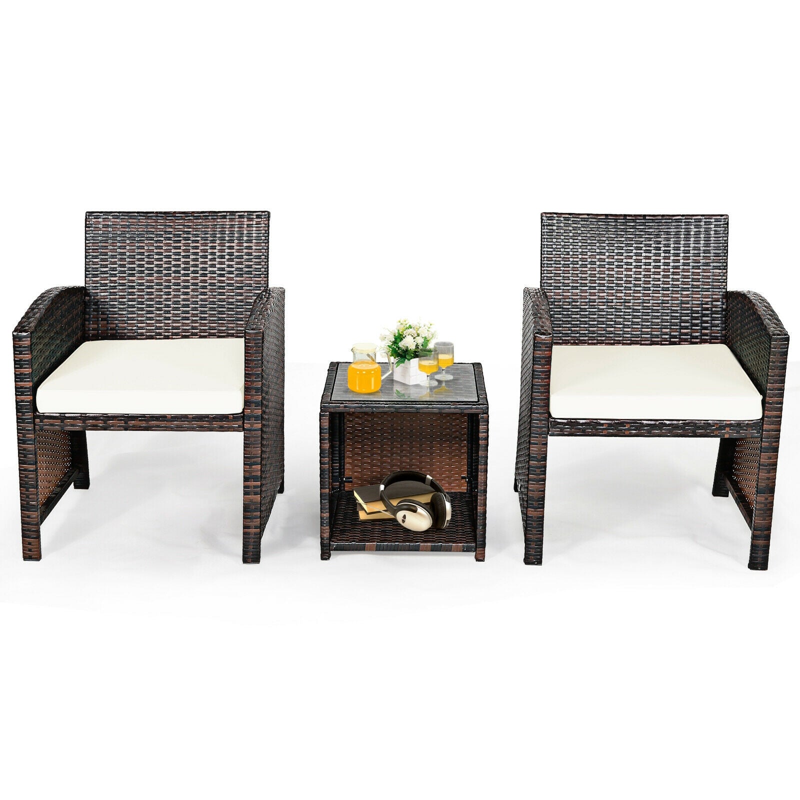 3 Pieces PE Rattan Wicker Furniture Set with Cushion Sofa Coffee Table for Garden, White Patio Conversation Sets at Gallery Canada