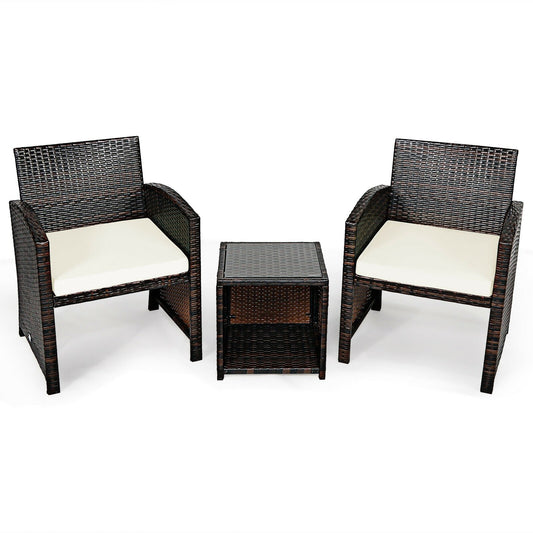 3 Pieces PE Rattan Wicker Furniture Set with Cushion Sofa Coffee Table for Garden, White - Gallery Canada