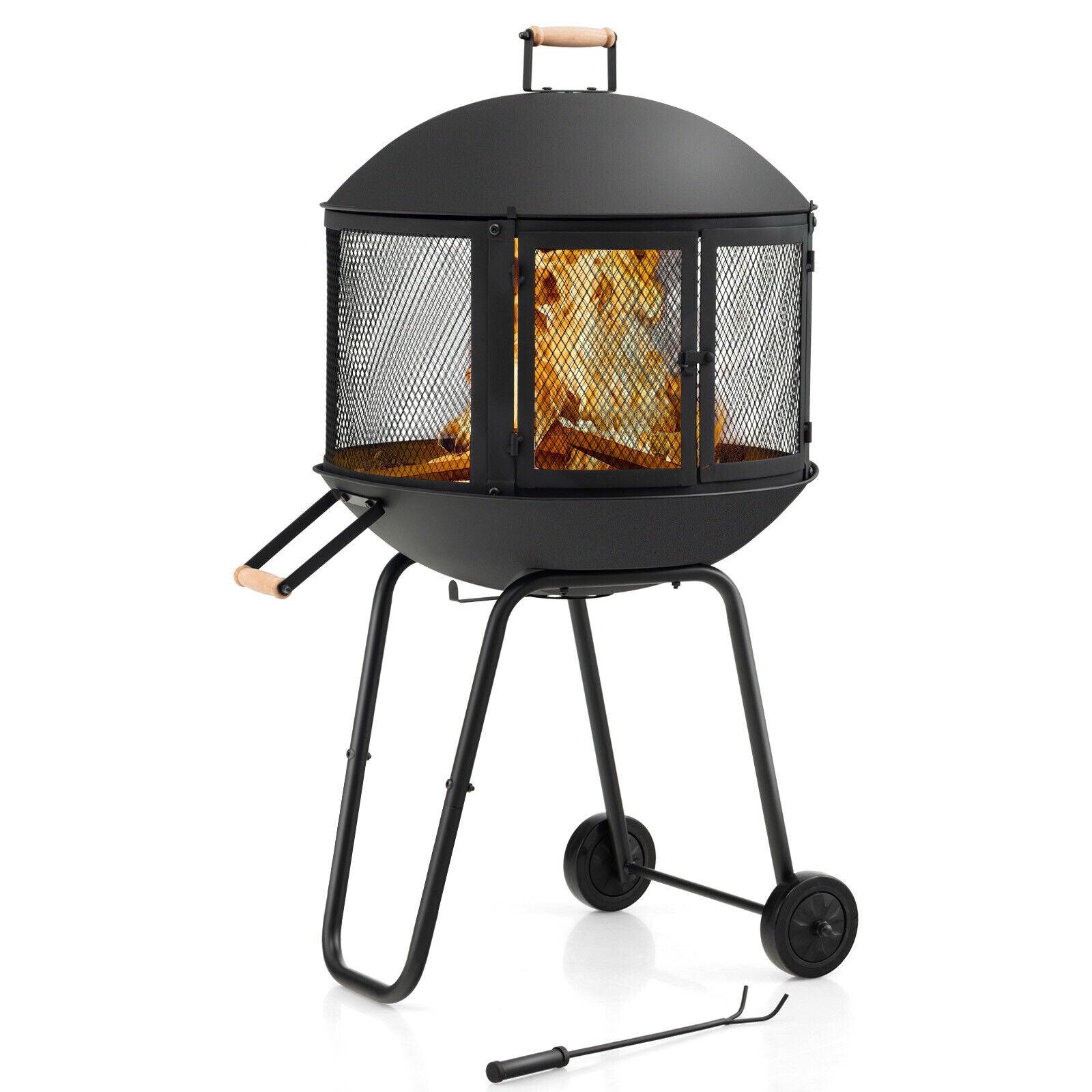 28 Inch Portable Fire Pit on Wheels with Log Grate, Black Fire Pits Black at Gallery Canada