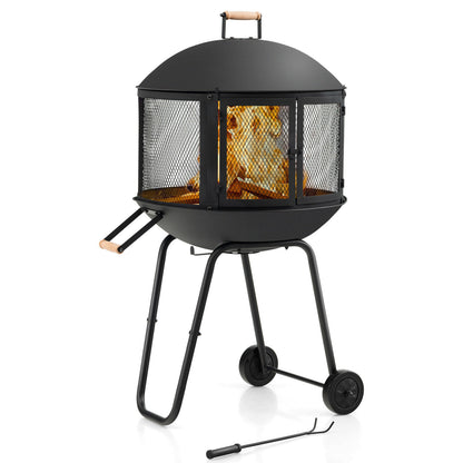 28 Inch Portable Fire Pit on Wheels with Log Grate, Black Fire Pits Black at Gallery Canada