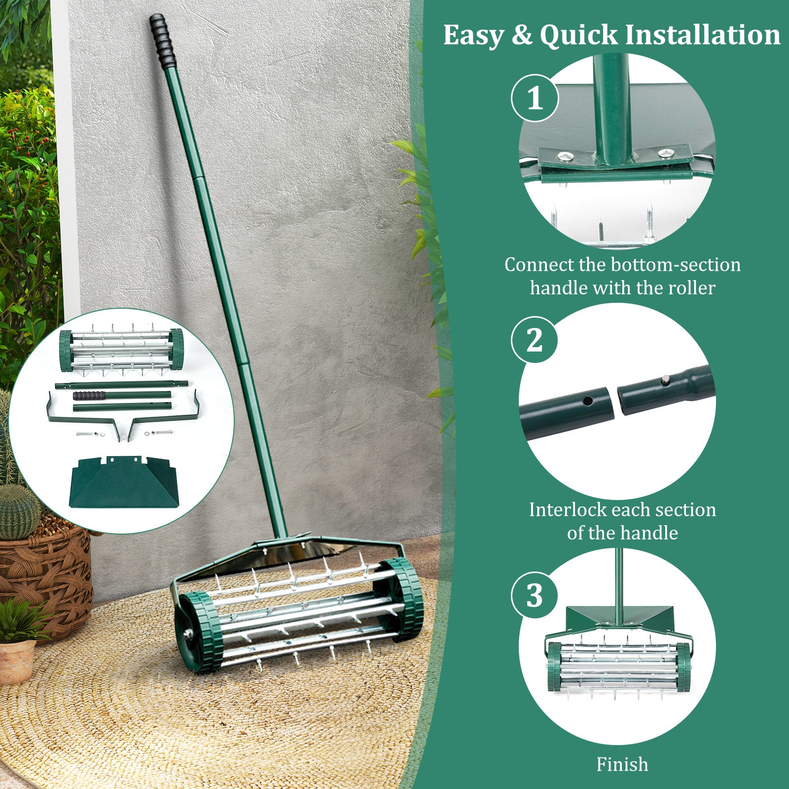 18 Inch Rolling Lawn Aerator with Splash-Proof Fender for Garden, Green Lawn Care Tools at Gallery Canada