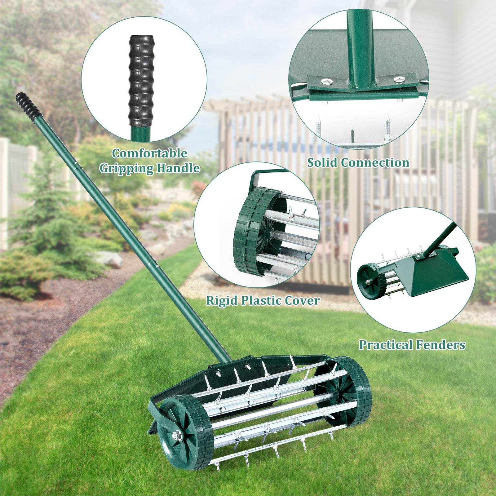 18 Inch Rolling Lawn Aerator with Splash-Proof Fender for Garden, Green Lawn Care Tools at Gallery Canada