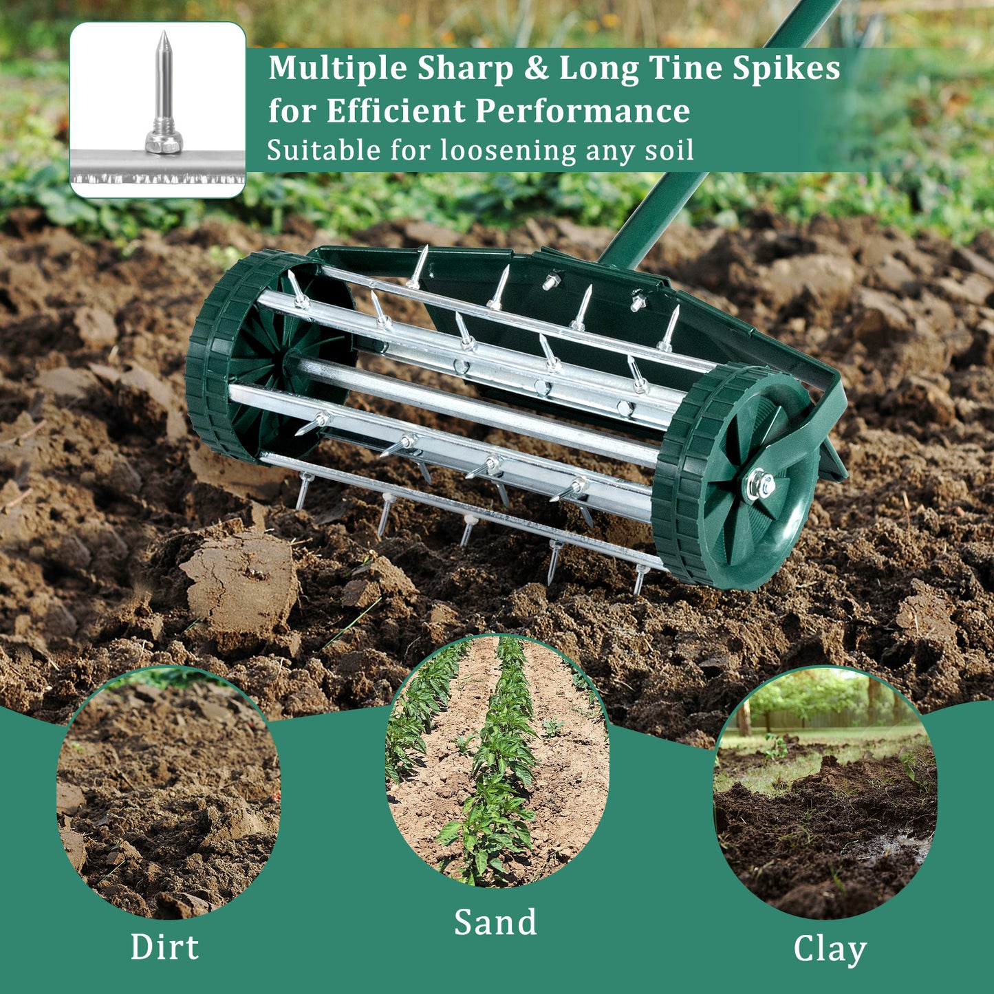 18 Inch Rolling Lawn Aerator with Splash-Proof Fender for Garden, Green Lawn Care Tools at Gallery Canada