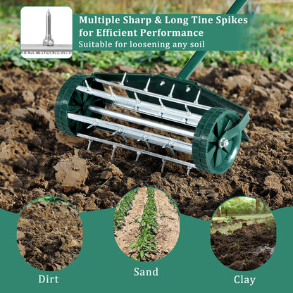 18 Inch Rolling Lawn Aerator with Splash-Proof Fender for Garden, Green Lawn Care Tools at Gallery Canada