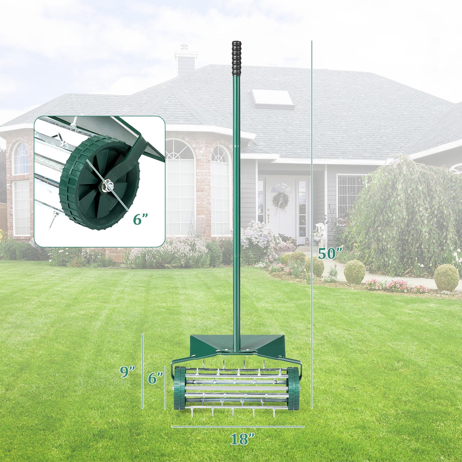 18 Inch Rolling Lawn Aerator with Splash-Proof Fender for Garden, Green Lawn Care Tools at Gallery Canada
