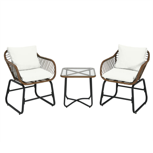 3 Pieces Patio Rattan Bistro Set with Cushions and Glass Table, White - Gallery Canada