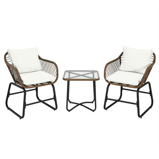 Patio Rattan Bistro Set, 3 Pieces, With Cushions And Glass Table, White Patio Conversation Sets White at Gallery Canada