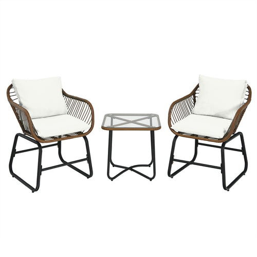 Patio Rattan Bistro Set, 3 Pieces, With Cushions And Glass Table, White
