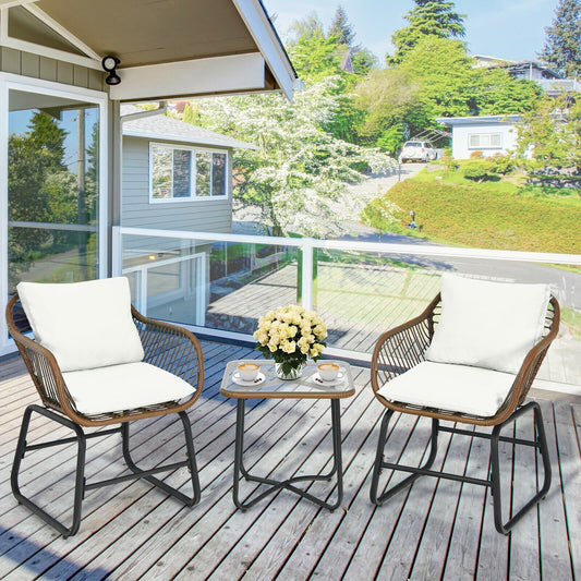 3 Pieces Patio Rattan Bistro Set with Cushions and Glass Table, White Patio Conversation Sets White at Gallery Canada
