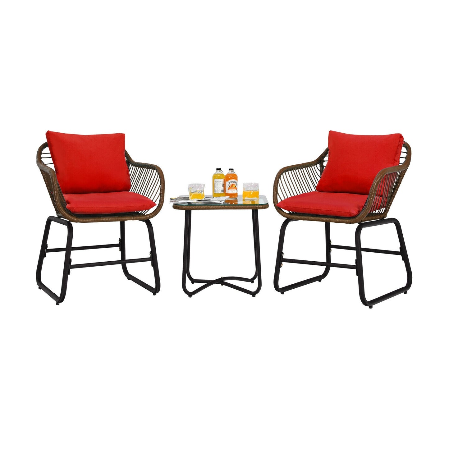 3 Pieces Patio Rattan Bistro Set with Cushions and Glass Table, Red Patio Conversation Sets at Gallery Canada
