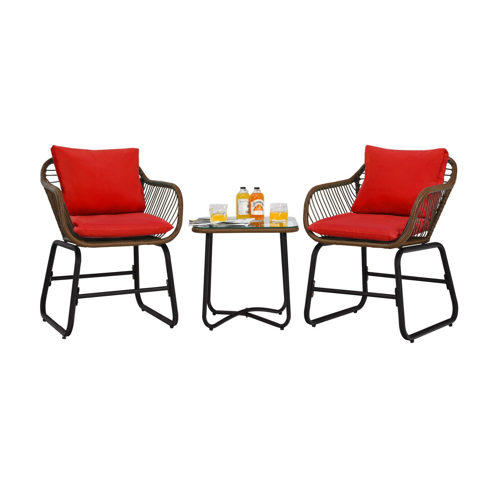 3 Pieces Patio Rattan Bistro Set with Cushions and Glass Table, Red Patio Conversation Sets at Gallery Canada