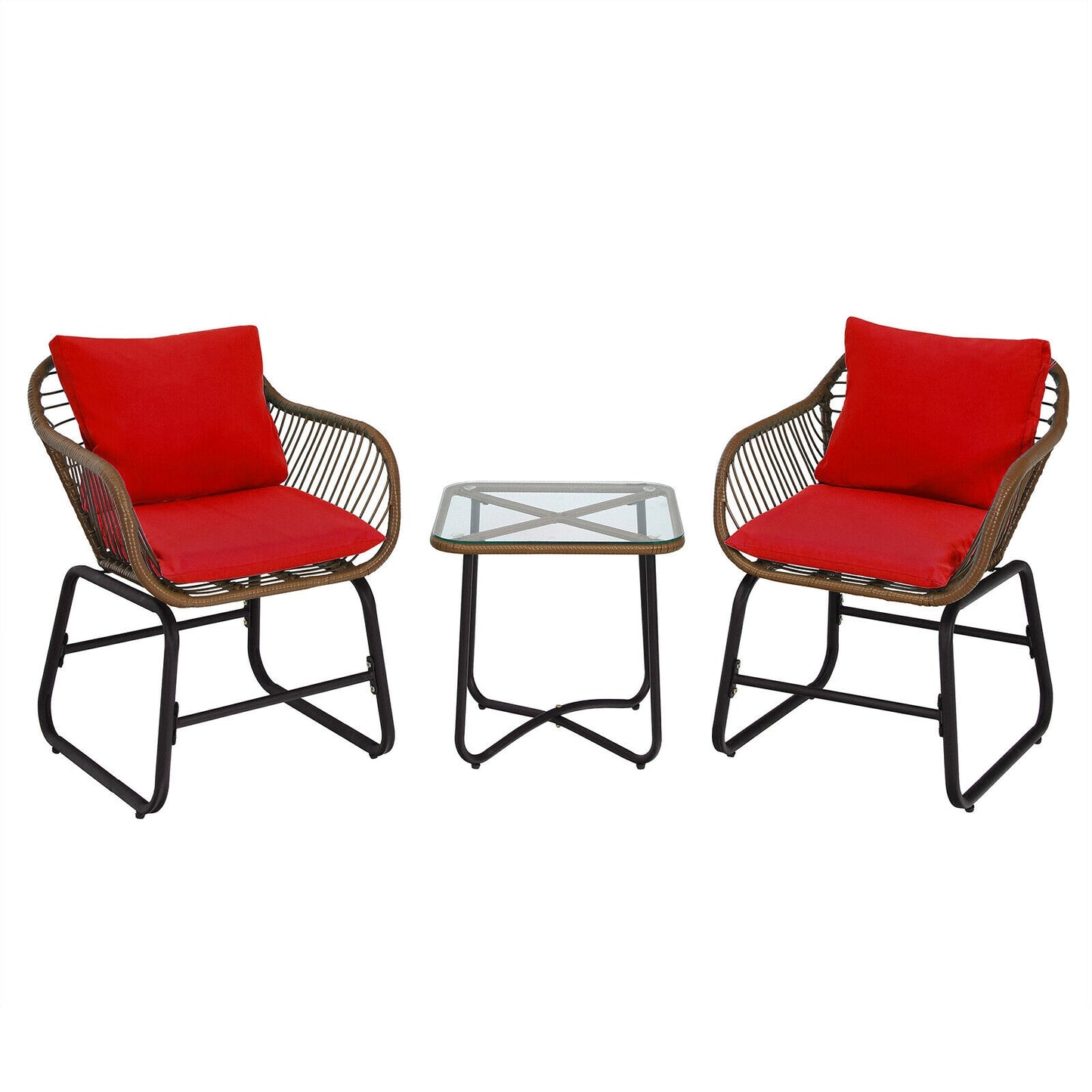 3 Pieces Patio Rattan Bistro Set with Cushions and Glass Table, Red Patio Conversation Sets at Gallery Canada