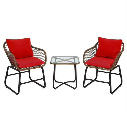 Patio Rattan Bistro Set, 3 Pieces, With Cushions And Glass Table, Red
