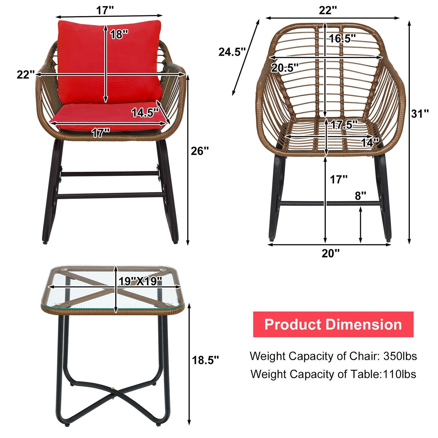 3 Pieces Patio Rattan Bistro Set with Cushions and Glass Table, Red Patio Conversation Sets at Gallery Canada