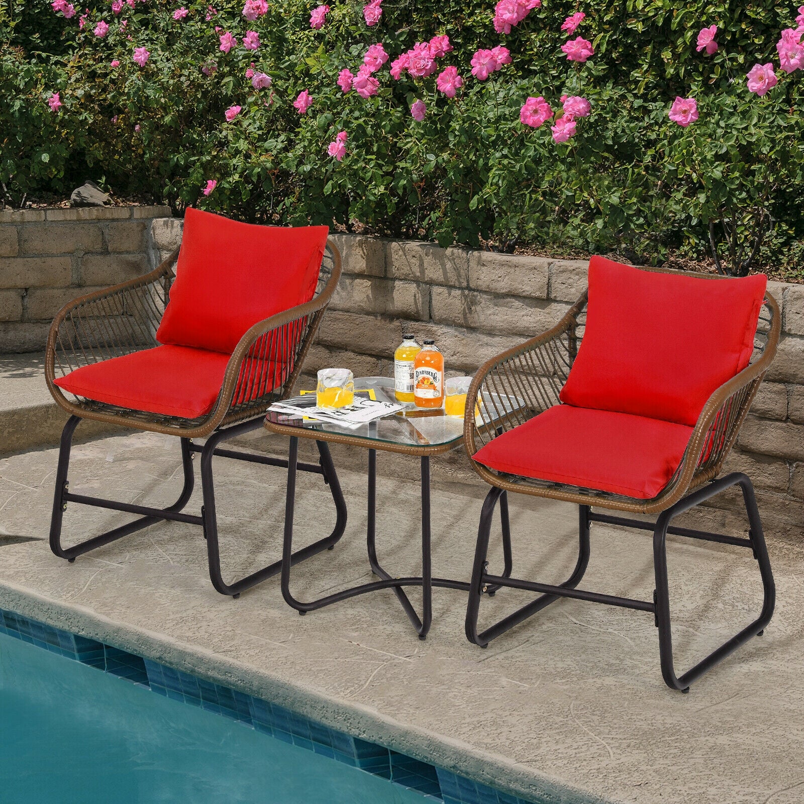 3 Pieces Patio Rattan Bistro Set with Cushions and Glass Table, Red Patio Conversation Sets at Gallery Canada