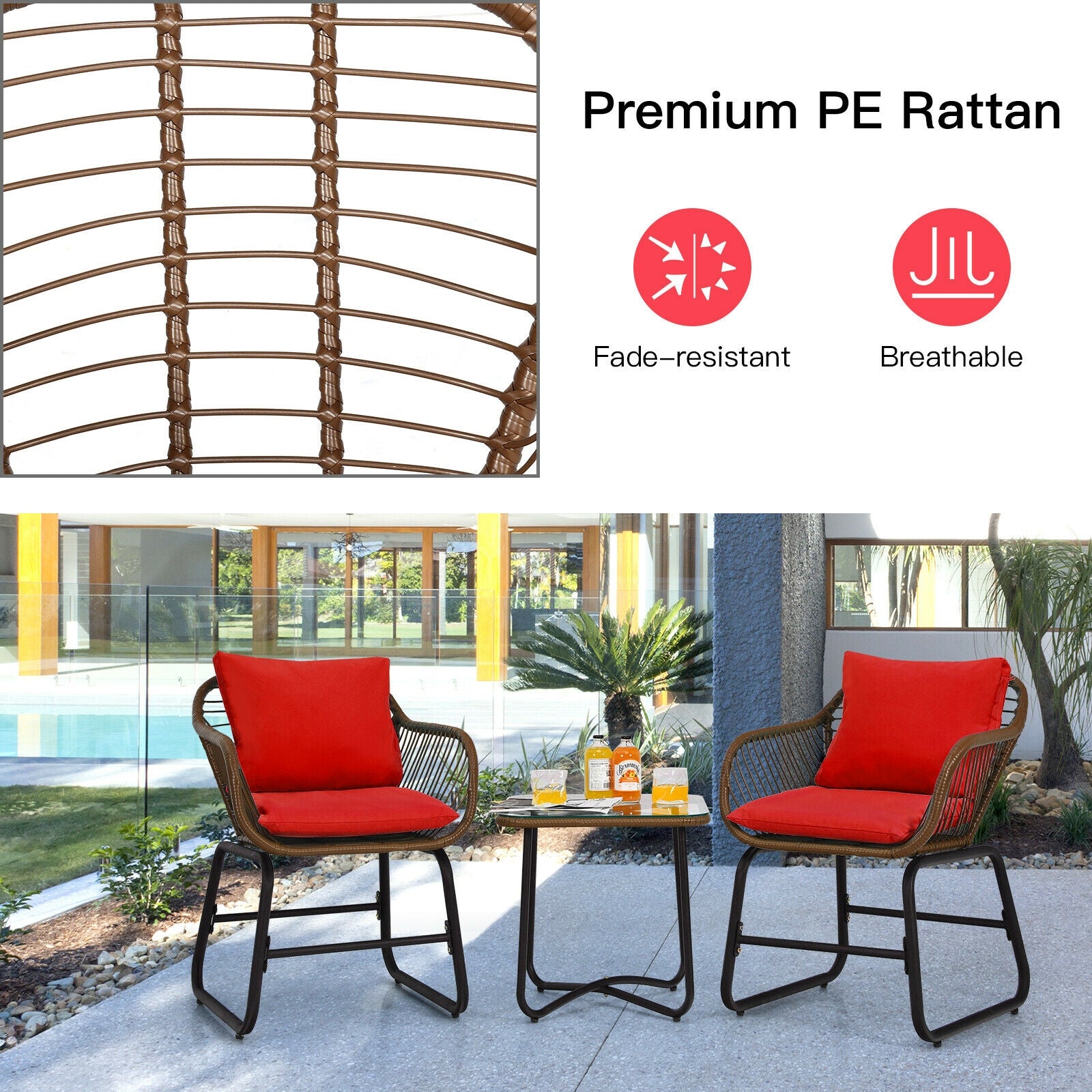 3 Pieces Patio Rattan Bistro Set with Cushions and Glass Table, Red Patio Conversation Sets at Gallery Canada