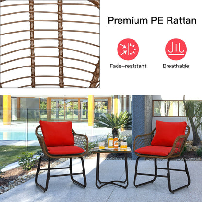 3 Pieces Patio Rattan Bistro Set with Cushions and Glass Table, Red Patio Conversation Sets at Gallery Canada