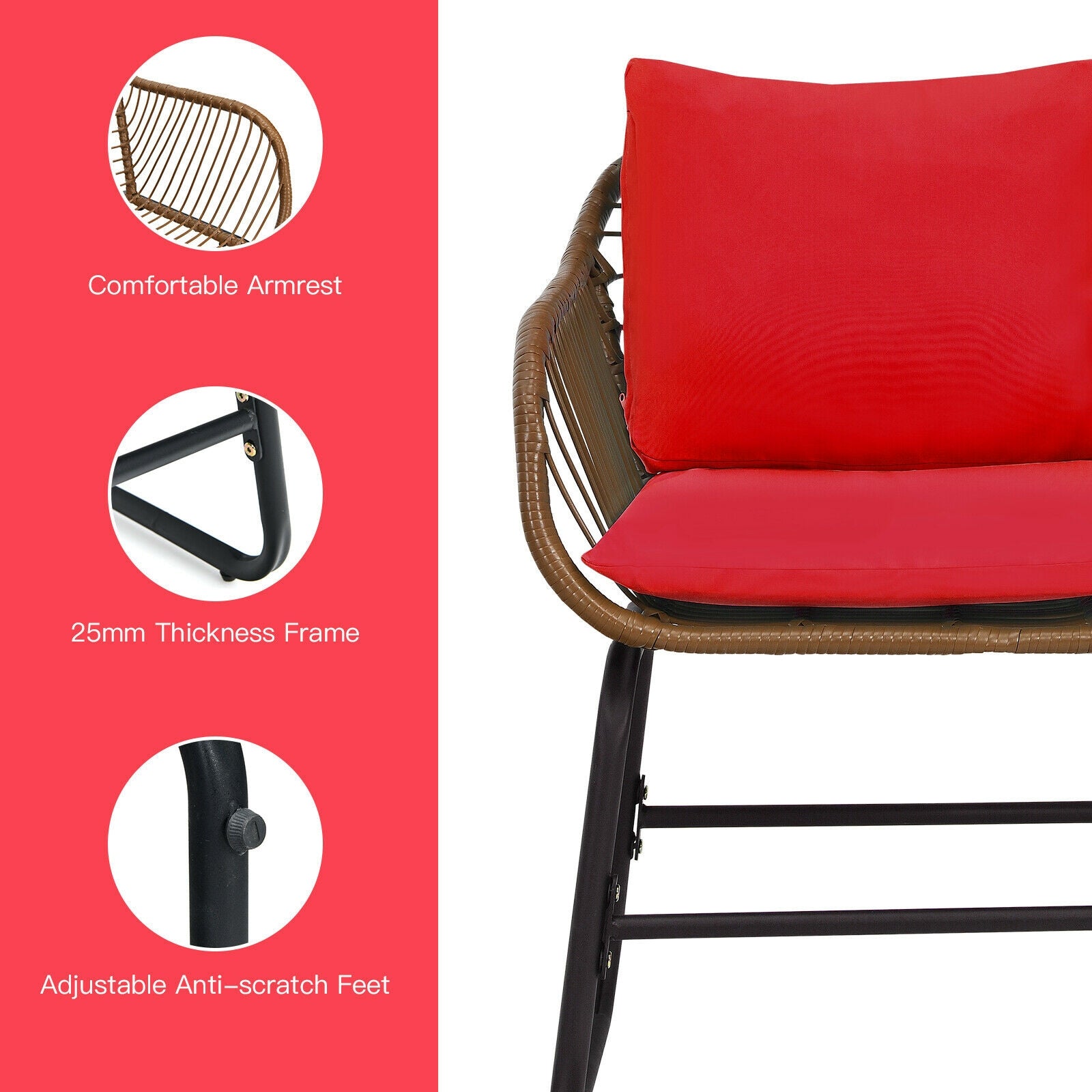 3 Pieces Patio Rattan Bistro Set with Cushions and Glass Table, Red Patio Conversation Sets at Gallery Canada