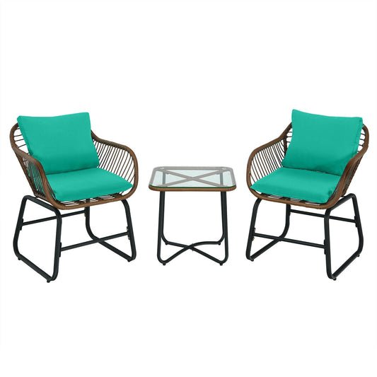 3 Pieces Patio Rattan Bistro Set with Cushions and Glass Table, Turquoise - Gallery Canada