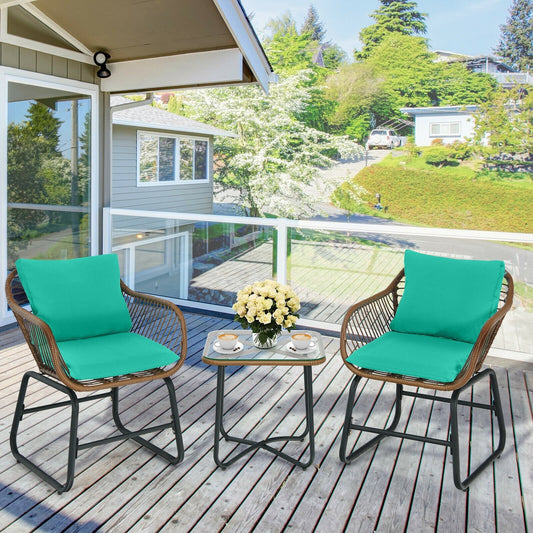 3 Pieces Patio Rattan Bistro Set with Cushions and Glass Table, Turquoise - Gallery Canada