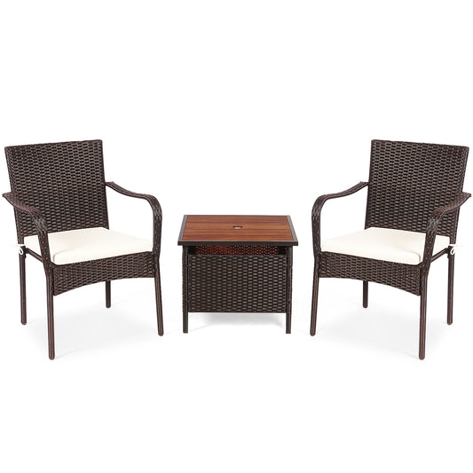 3 Piece Patio Rattan Bistro Set, Wood Side Table, Stackable Chair