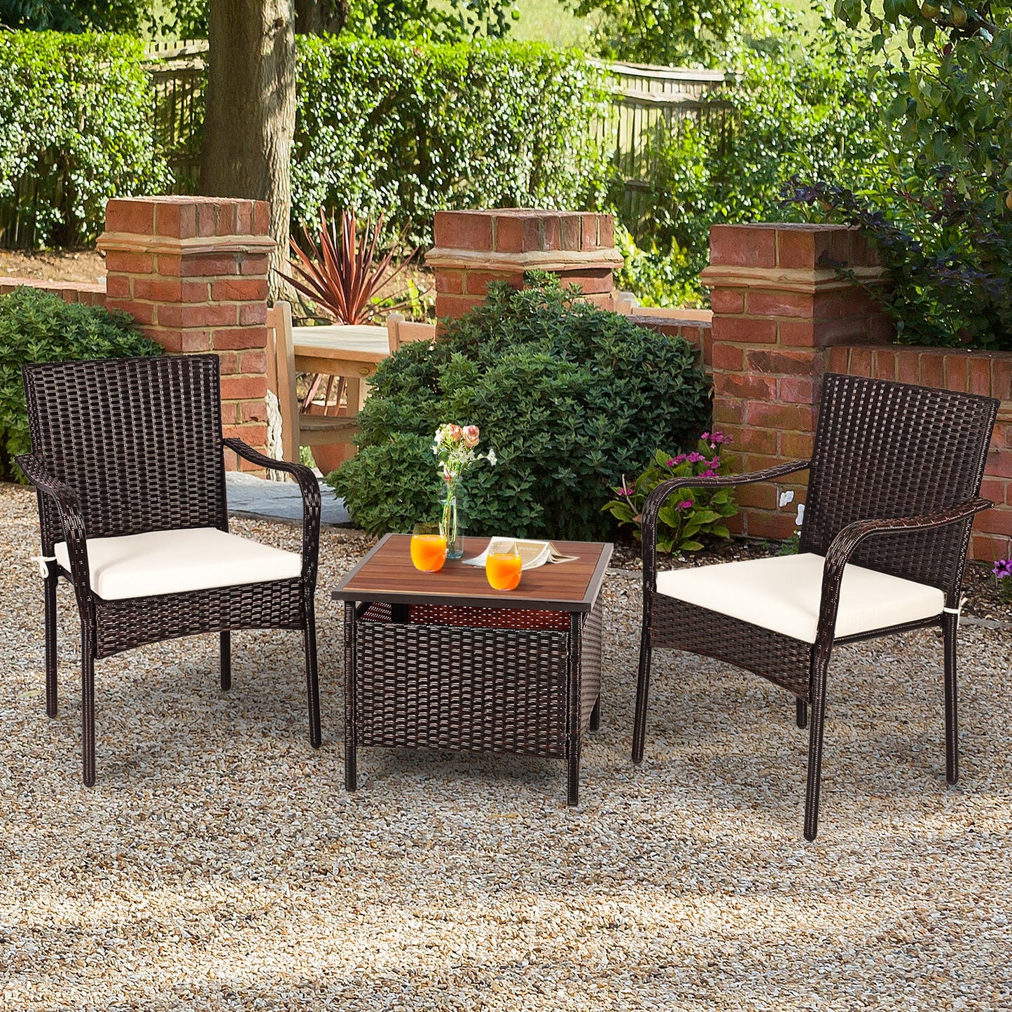3 Pieces Patio Rattan Furniture Bistro Set with Wood Side Table and Stackable Chair Patio Conversation Sets at Gallery Canada