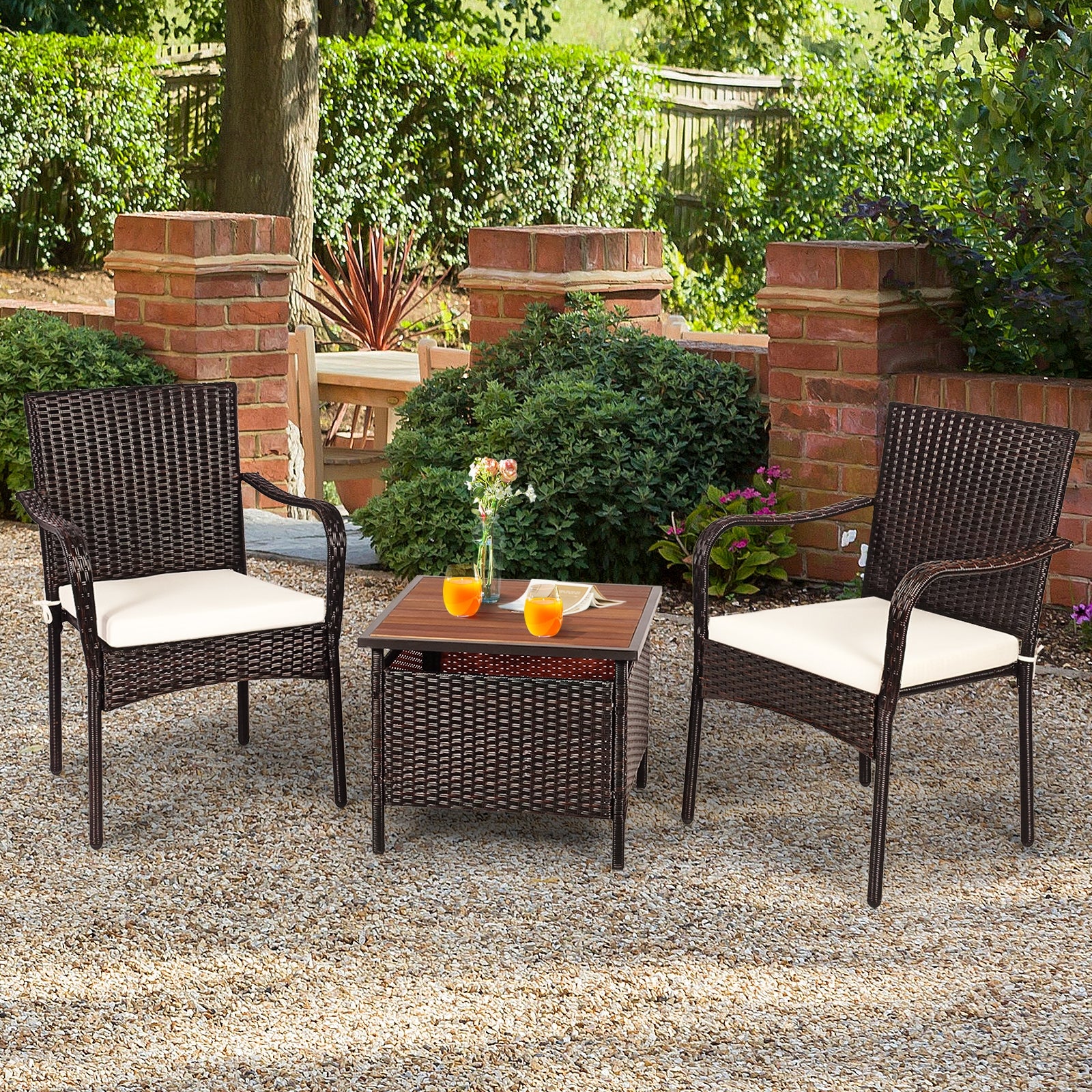 3 Pieces Patio Rattan Furniture Bistro Set with Wood Side Table and Stackable Chair Patio Conversation Sets at Gallery Canada