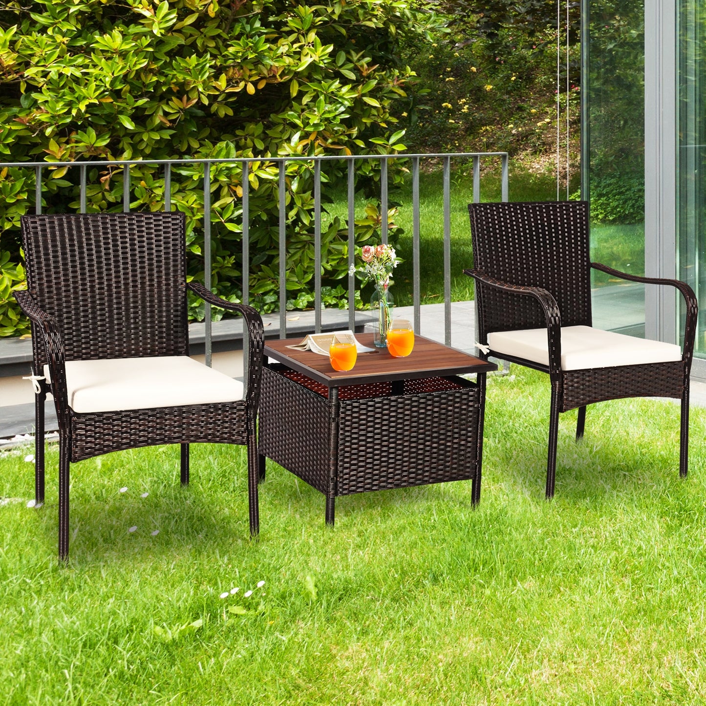 3 Pieces Patio Rattan Furniture Bistro Set with Wood Side Table and Stackable Chair Patio Conversation Sets at Gallery Canada