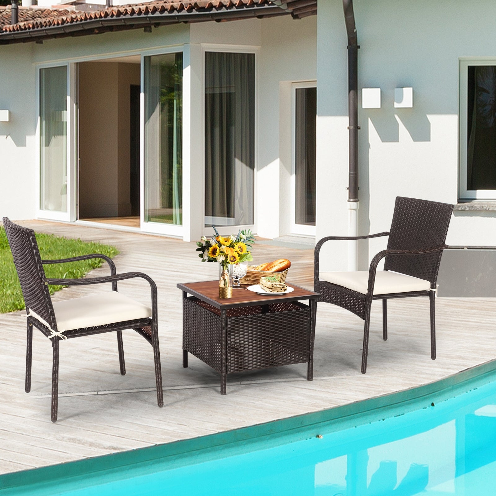 3 Pieces Patio Rattan Furniture Bistro Set with Wood Side Table and Stackable Chair Patio Conversation Sets at Gallery Canada
