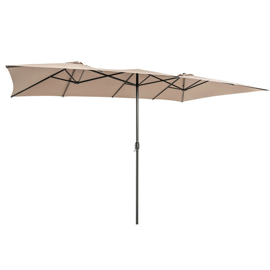 15 Feet Double-Sized Patio Umbrella, Crank Handle, Vented Tops, Brown