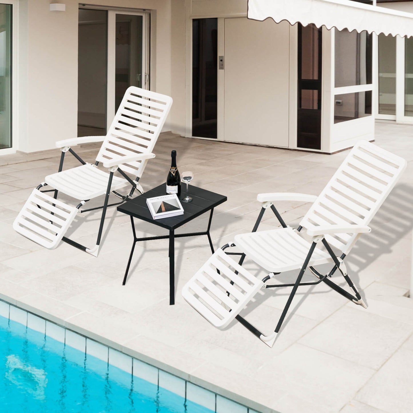 PP Folding Patio Chaise Lounger with 7-Level Backrest and Cozy Footrest, White - Gallery Canada