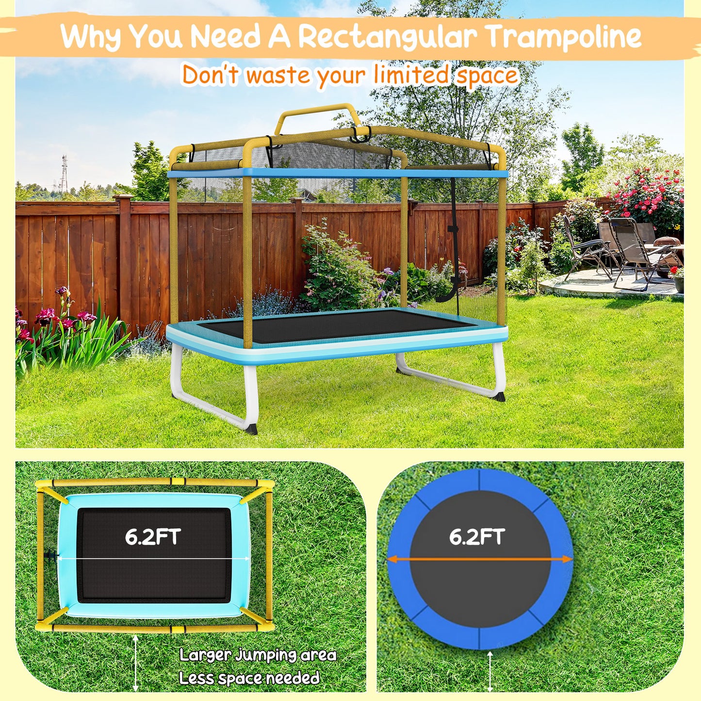 6 Feet Rectangle Trampoline with Swing Horizontal Bar and Safety Net, Yellow - Gallery Canada