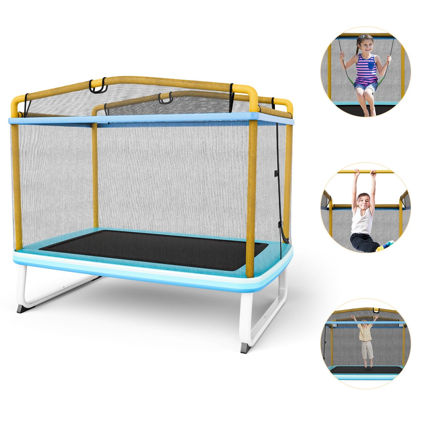 6 Feet Rectangle Trampoline with Swing Horizontal Bar and Safety Net, Yellow - Gallery Canada