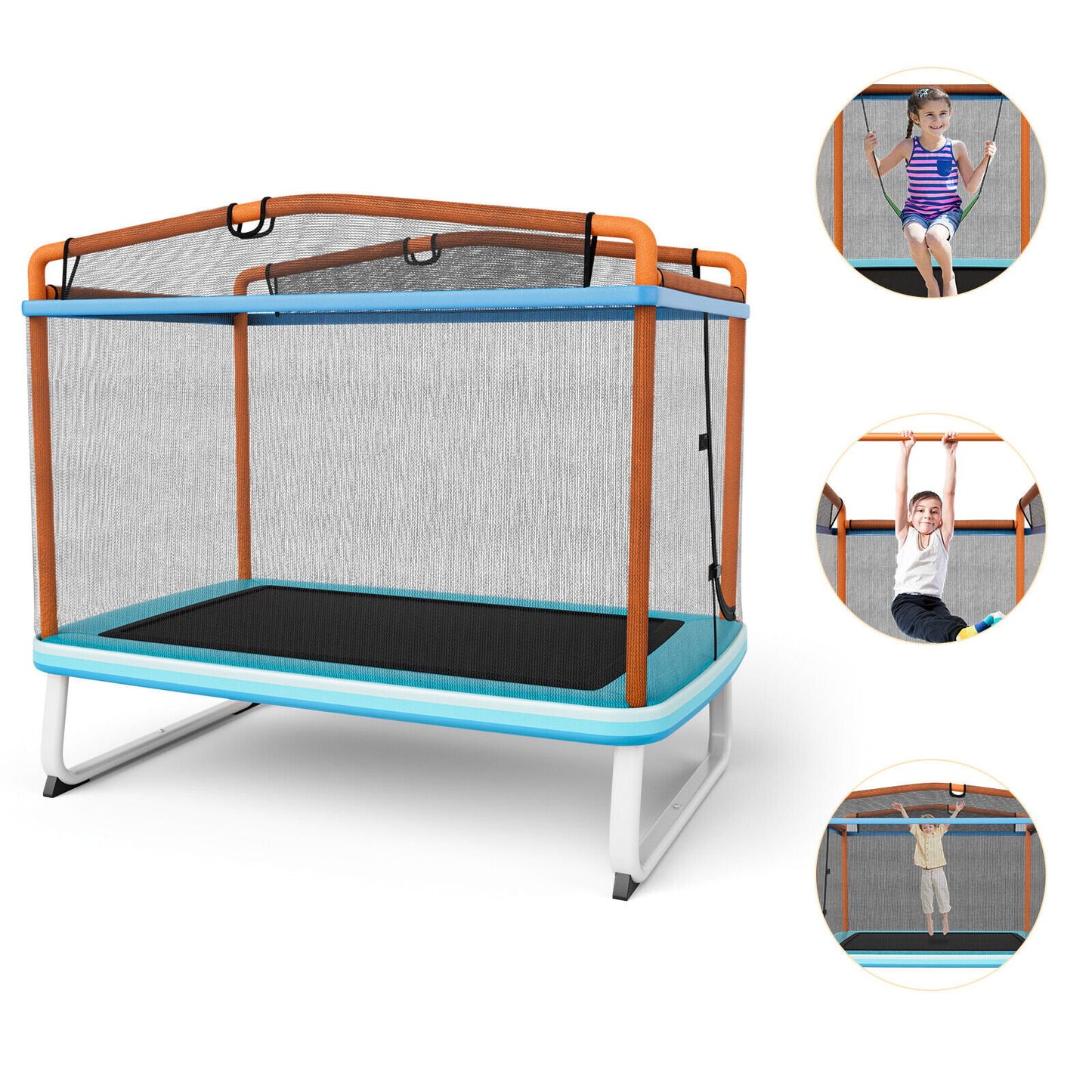 6 Feet Rectangle Trampoline with Swing Horizontal Bar and Safety Net, Orange
