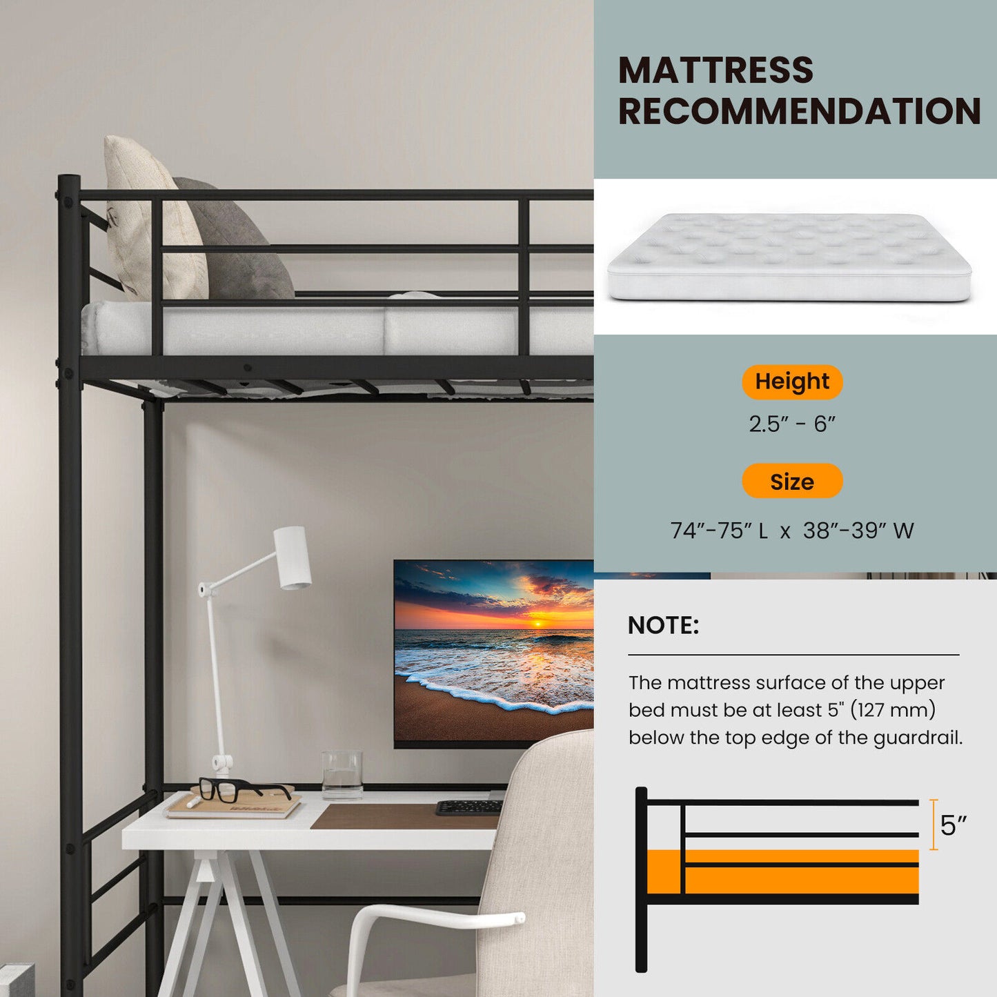Metal Loft Twin Bed Frame, Black Bunk Bed Frame at Gallery Canada