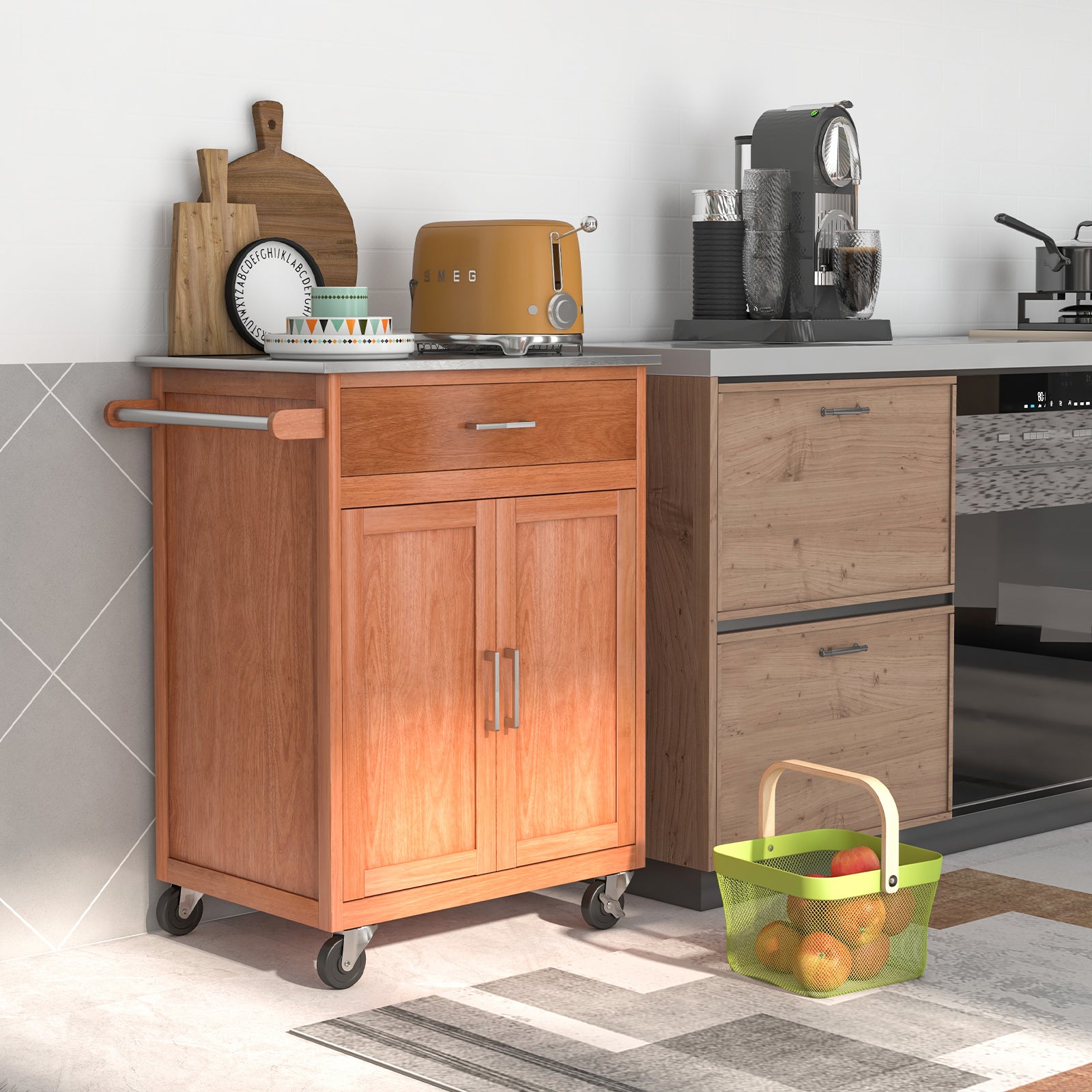 Wooden Kitchen Rolling Storage Cabinet with Stainless Steel Top, Brown Kitchen Islands & Carts at Gallery Canada