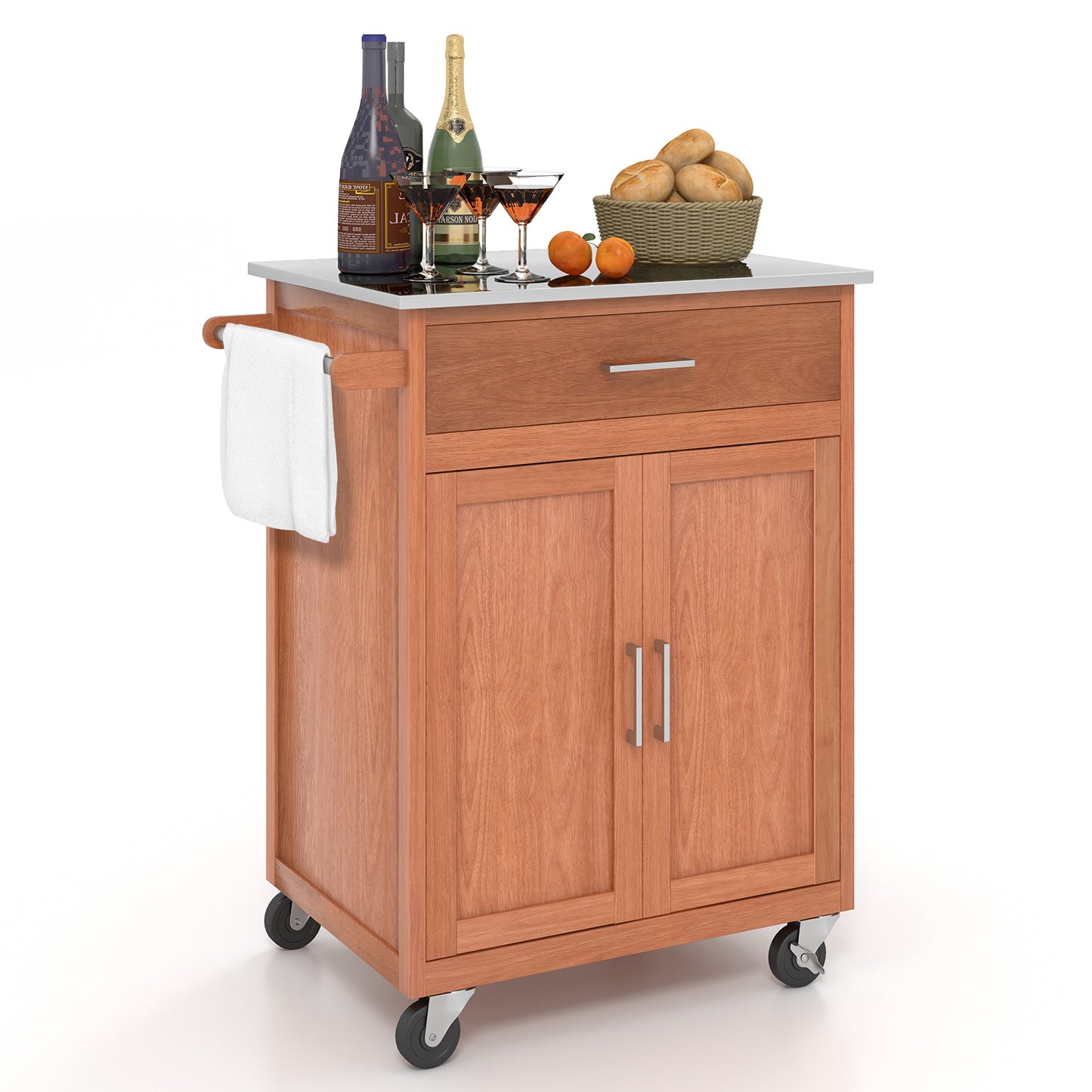 Wooden Kitchen Rolling Storage Cabinet with Stainless Steel Top, Brown Kitchen Islands & Carts at Gallery Canada