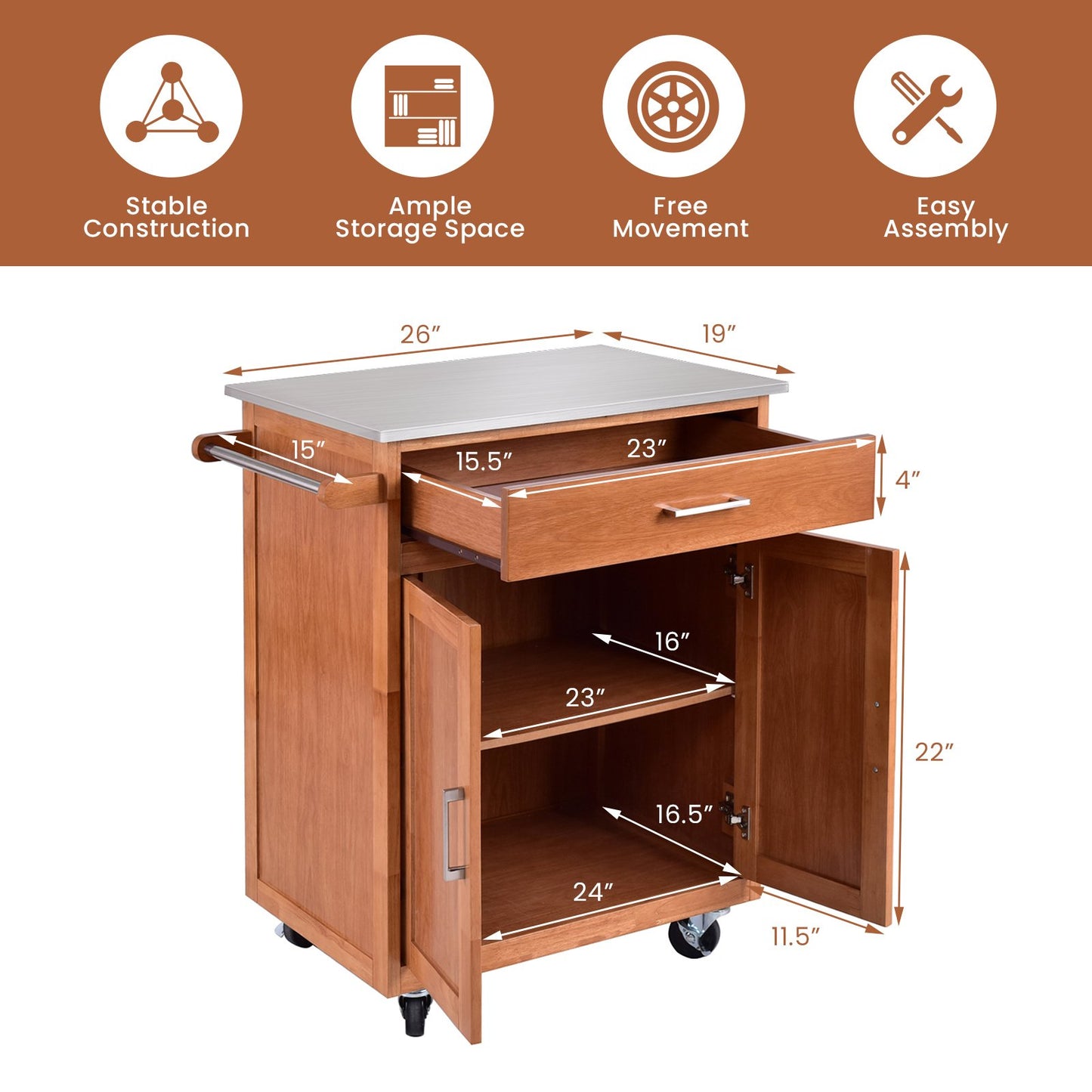 Wooden Kitchen Rolling Storage Cabinet with Stainless Steel Top, Brown - Gallery Canada
