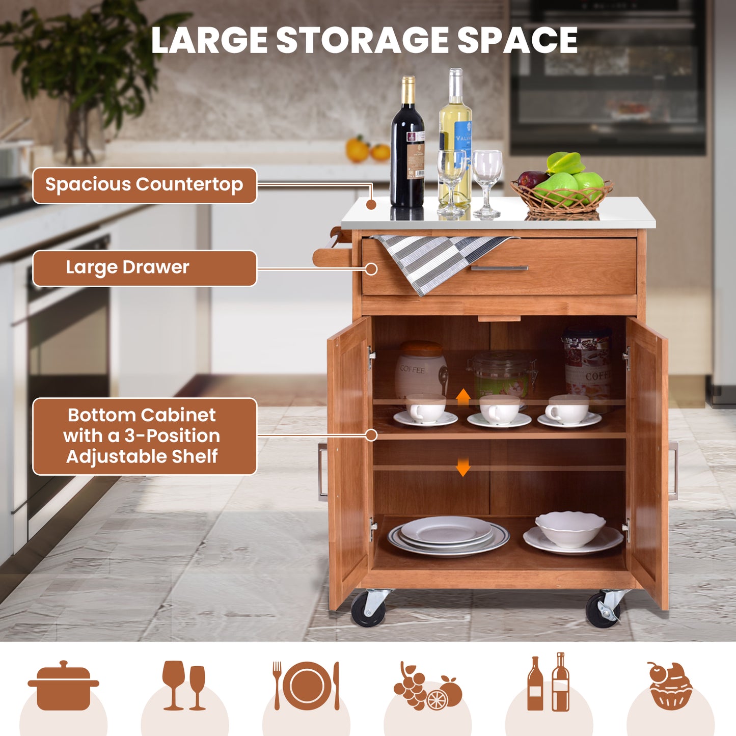 Wooden Kitchen Rolling Storage Cabinet with Stainless Steel Top, Brown Kitchen Islands & Carts at Gallery Canada