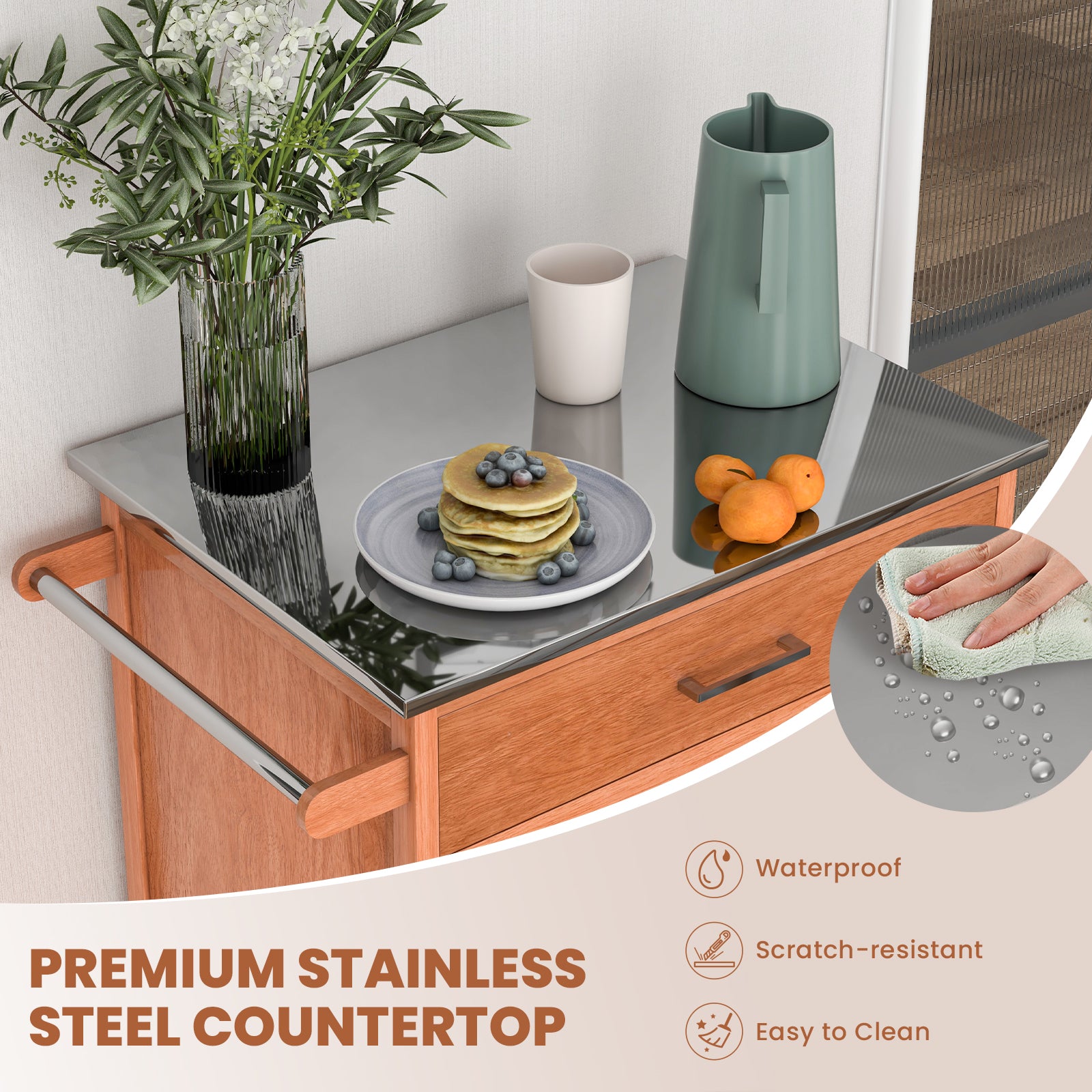 Wooden Kitchen Rolling Storage Cabinet with Stainless Steel Top, Brown Kitchen Islands & Carts at Gallery Canada