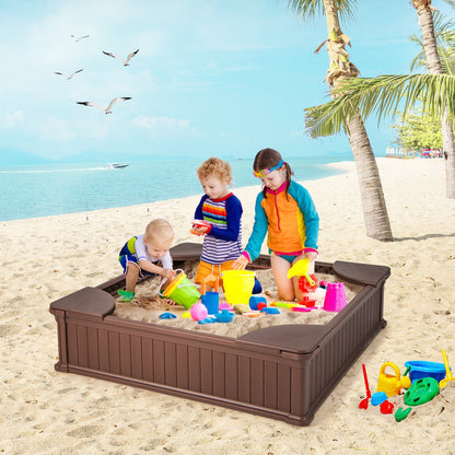 Kids Outdoor Sandbox with Oxford Cover and 4 Corner Seats, Brown