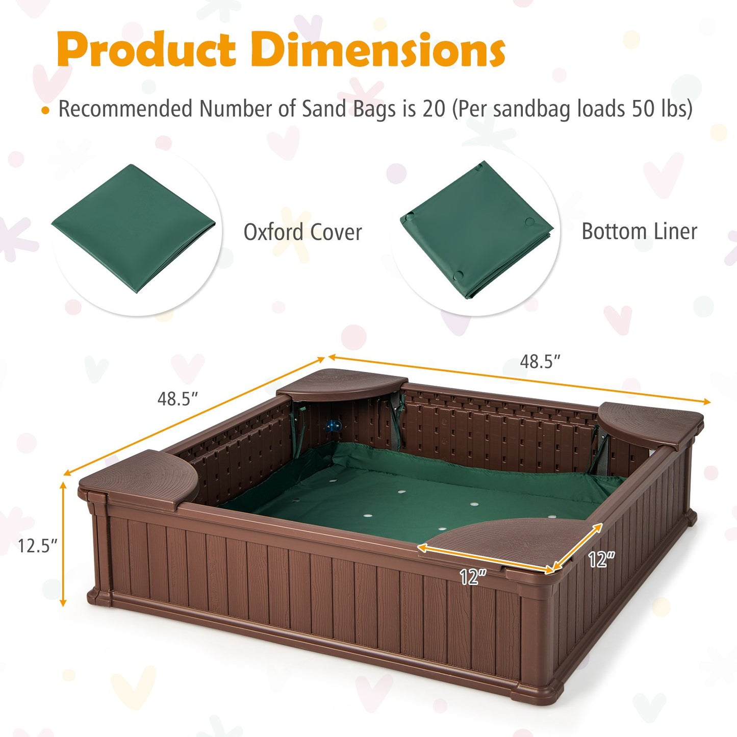 Kids Outdoor Sandbox with Oxford Cover and 4 Corner Seats, Brown